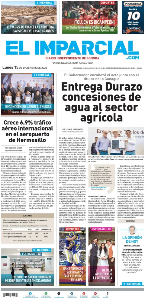 Portada de El Imparcial del lunes, 15 de diciembre de 2025