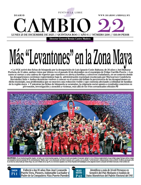 Portada de Diario Cambio 22 (portada) del lunes, 15 de diciembre de 2025