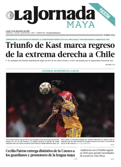 Portada de La Jornada Maya Yucatán del lunes, 15 de diciembre de 2025