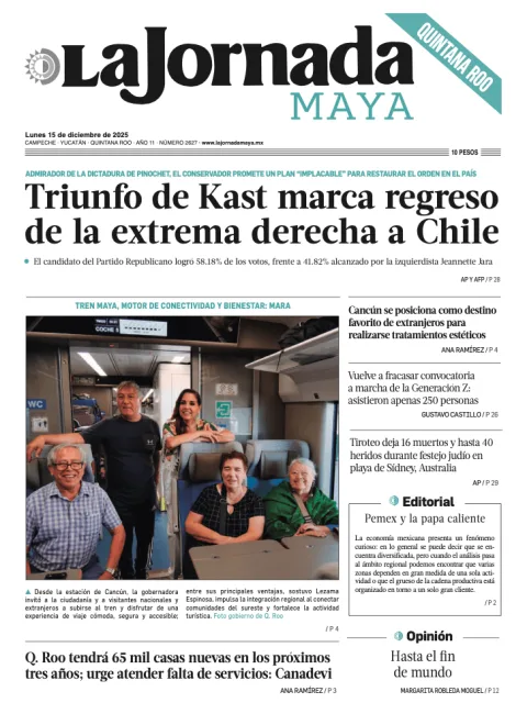 Portada de La Jornada Maya Quintana Roo del lunes, 15 de diciembre de 2025