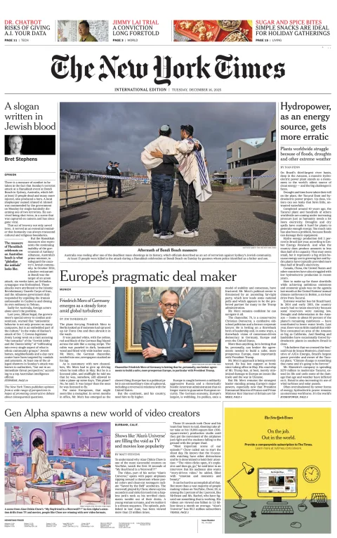 Portada de The New York Times (international) del martes, 16 de diciembre de 2025