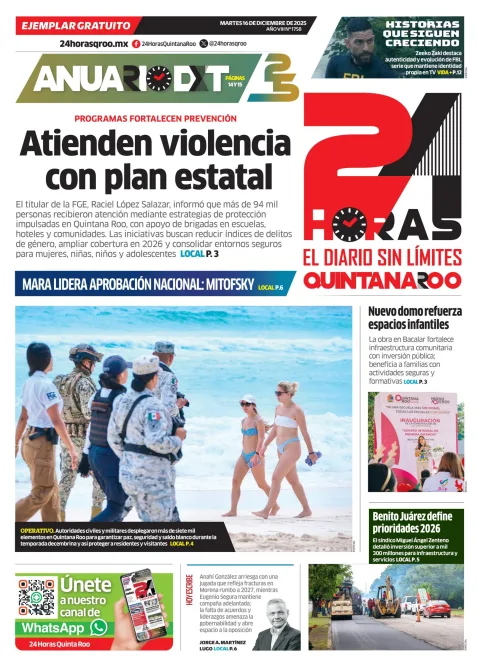 Portada de 24 Horas Quintana Roo del martes, 16 de diciembre de 2025