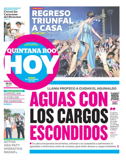 Portada de Quintana Roo Hoy (portada) del martes, 16 de diciembre de 2025
