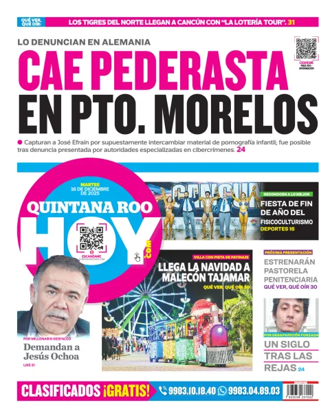 Portada de Quintana Roo Hoy (contraportada) del martes, 16 de diciembre de 2025