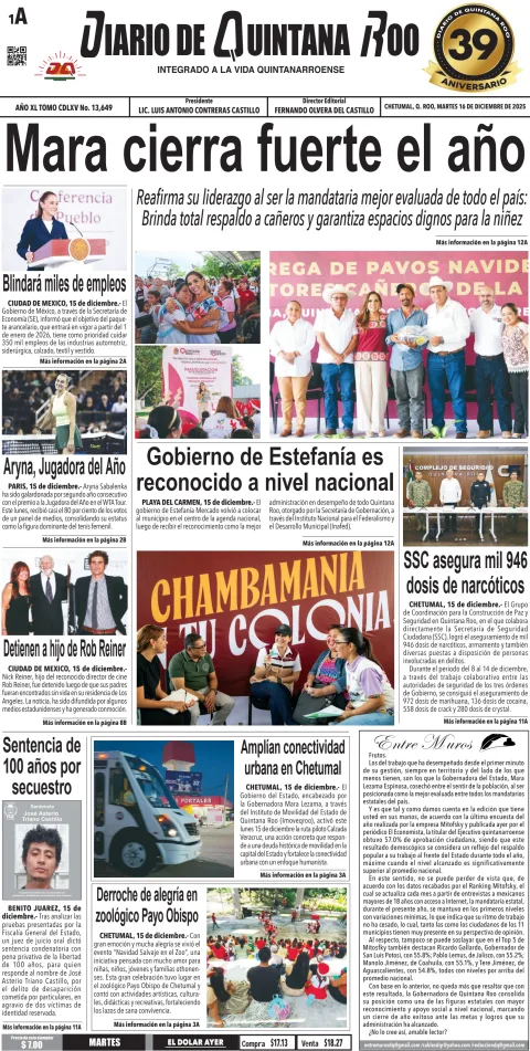 Portada de Diario de Quintana Roo (portada) del martes, 16 de diciembre de 2025