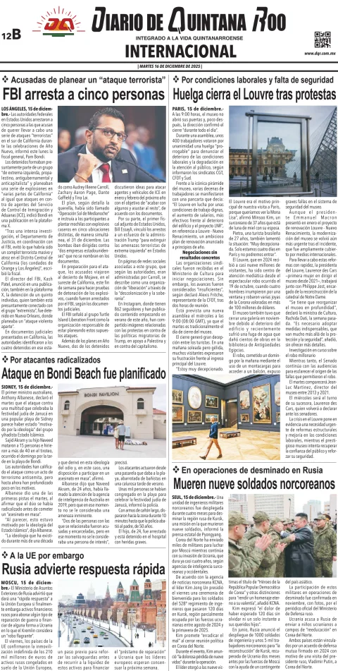 Portada de Diario de Quintana Roo (contra Portada) del martes, 16 de diciembre de 2025