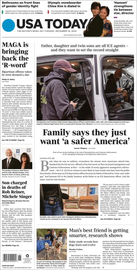 Portada de Usa Today del martes, 16 de diciembre de 2025