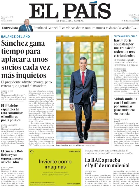 Portada de El Pais del martes, 16 de diciembre de 2025