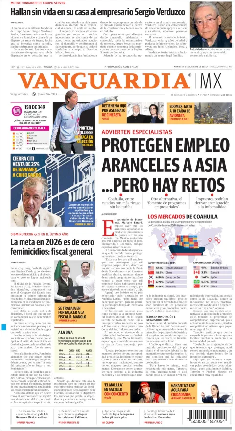 Portada de Vanguardia del martes, 16 de diciembre de 2025
