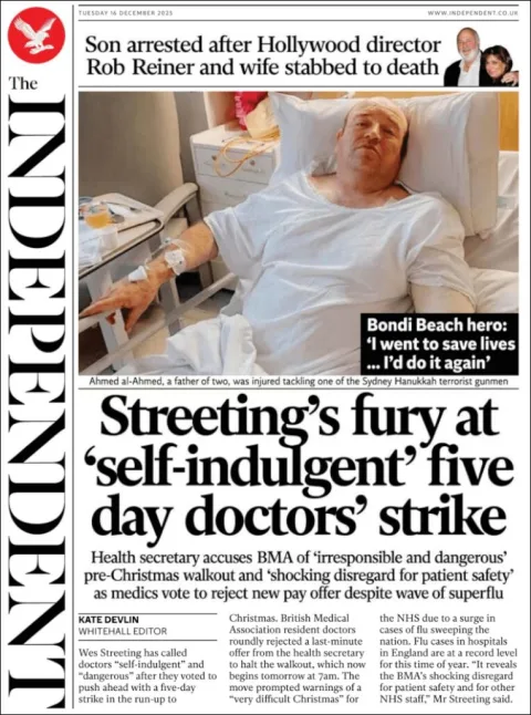 Portada de The Independent del martes, 16 de diciembre de 2025