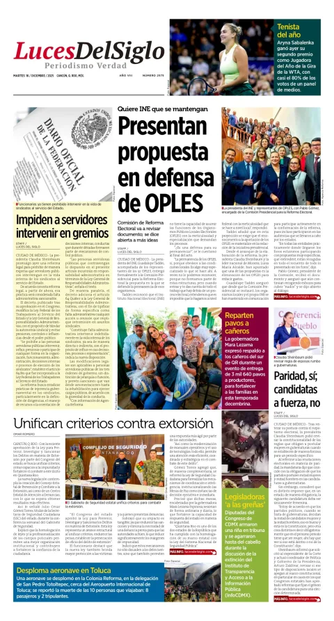 Portada de Luces del Siglo del martes, 16 de diciembre de 2025