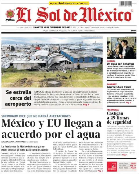Portada de El Sol de Mexico del martes, 16 de diciembre de 2025