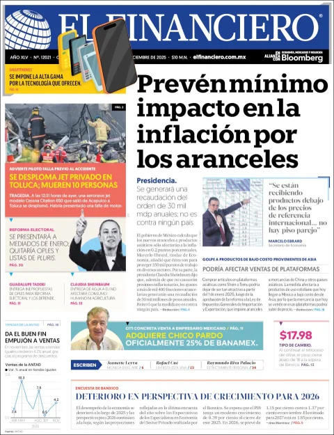 Portada de El Financiero del martes, 16 de diciembre de 2025