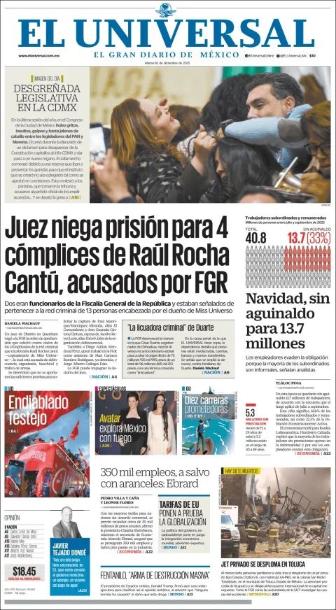 Portada de El Universal del martes, 16 de diciembre de 2025