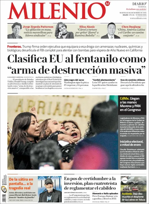 Portada de Milenio del martes, 16 de diciembre de 2025