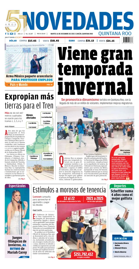 Portada de Novedades Quintana Roo del martes, 16 de diciembre de 2025
