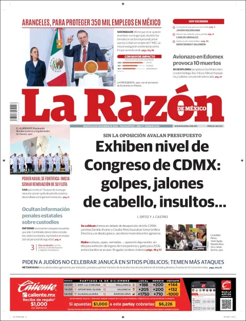 Portada de La Razon del martes, 16 de diciembre de 2025