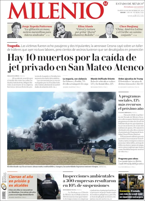 Portada de Milenio Edo de Mexico del martes, 16 de diciembre de 2025