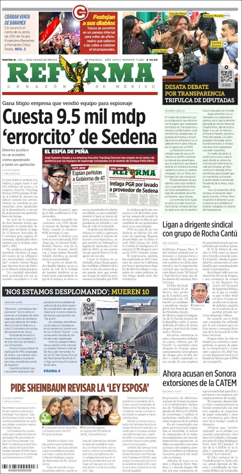 Portada de Reforma del martes, 16 de diciembre de 2025