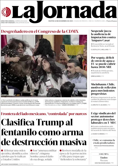 Portada de La Jornada del martes, 16 de diciembre de 2025