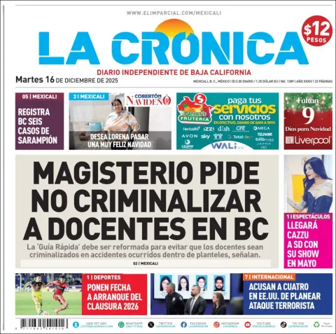 Portada de La Cronica del martes, 16 de diciembre de 2025