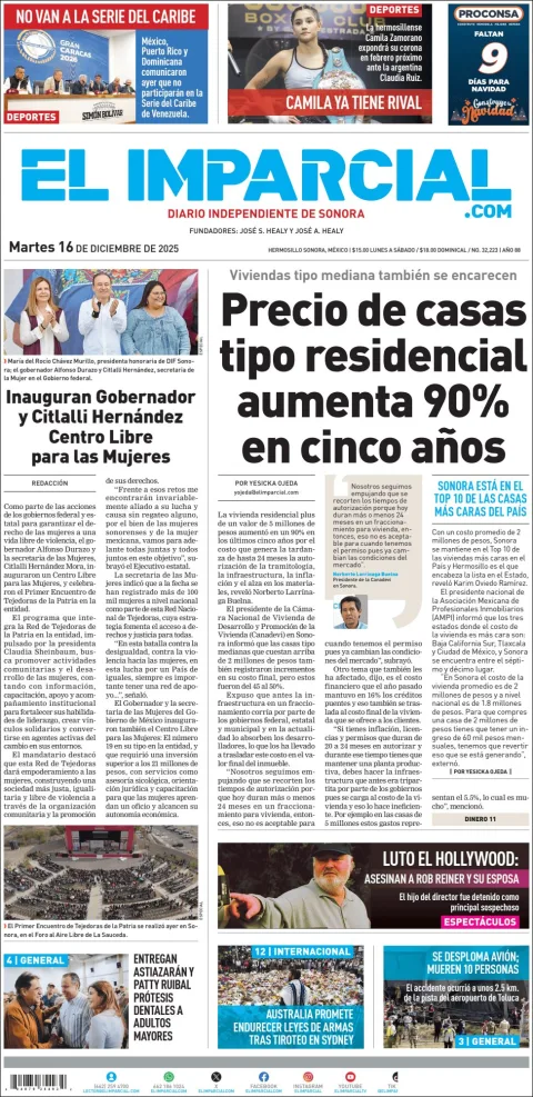 Portada de El Imparcial del martes, 16 de diciembre de 2025