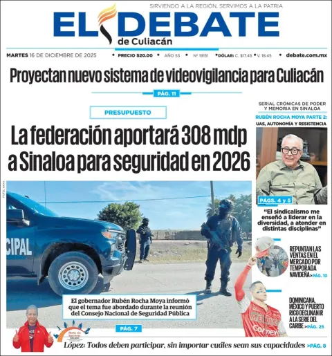 Portada de El Debate de Culiacan del martes, 16 de diciembre de 2025