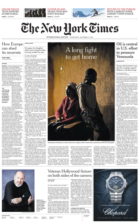 Portada de The New York Times (international) del miércoles, 17 de diciembre de 2025