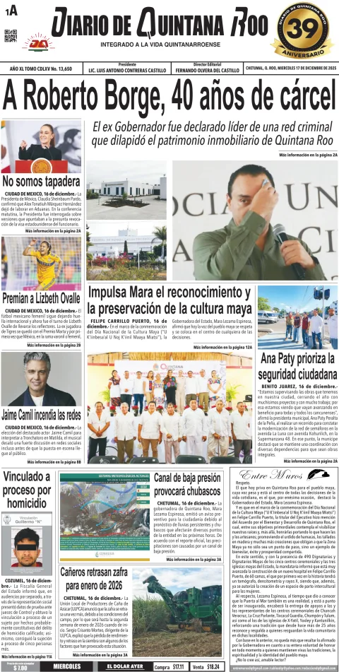 Portada de Diario de Quintana Roo (portada) del miércoles, 17 de diciembre de 2025