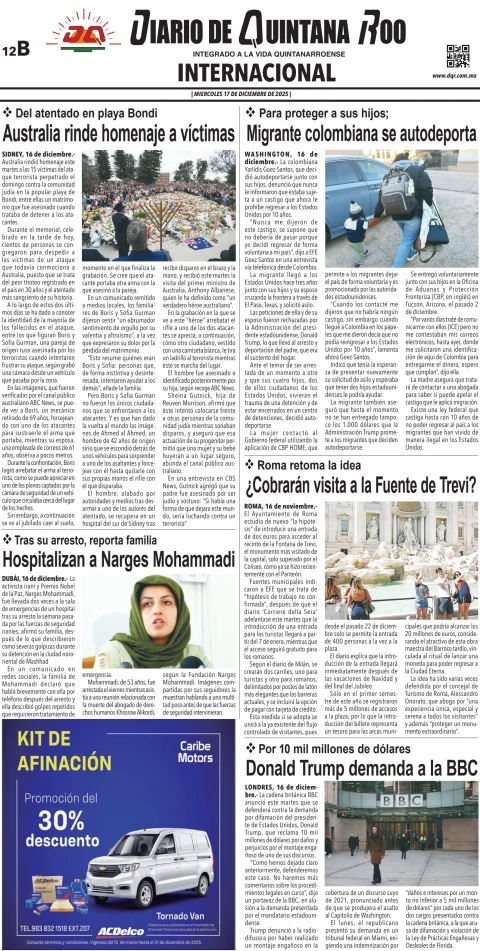 Portada de Diario de Quintana Roo (contra Portada) del miércoles, 17 de diciembre de 2025
