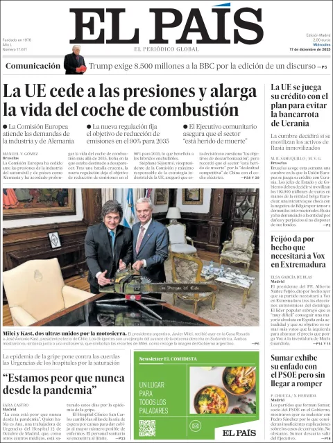 Portada de El Pais del miércoles, 17 de diciembre de 2025