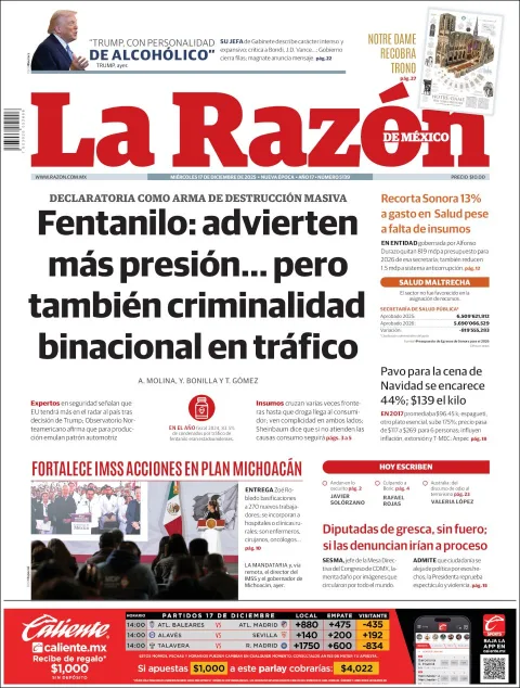 Portada de La Razon del miércoles, 17 de diciembre de 2025