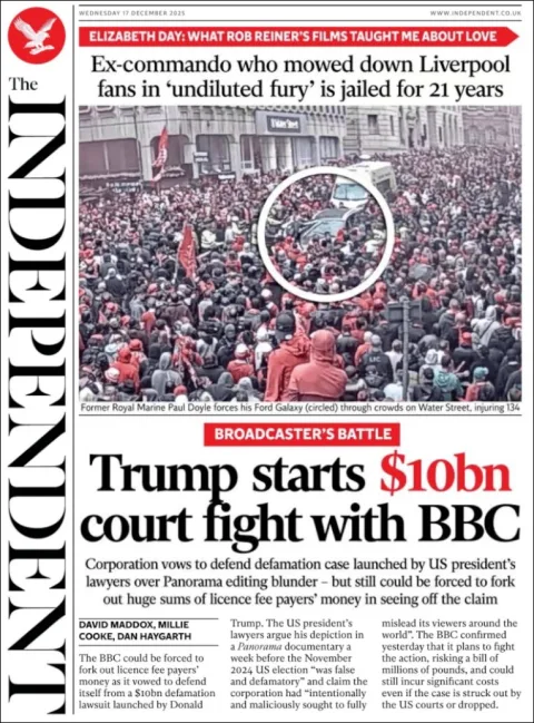 Portada de The Independent del miércoles, 17 de diciembre de 2025