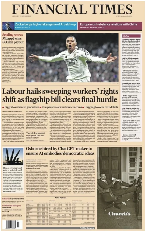 Portada de Financial Times del miércoles, 17 de diciembre de 2025
