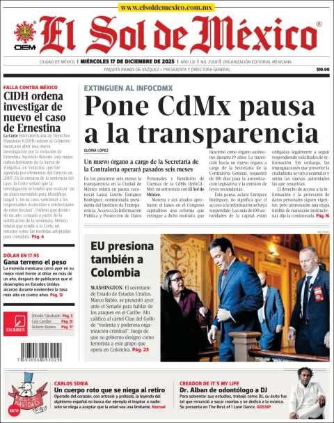 Portada de El Sol de Mexico del miércoles, 17 de diciembre de 2025