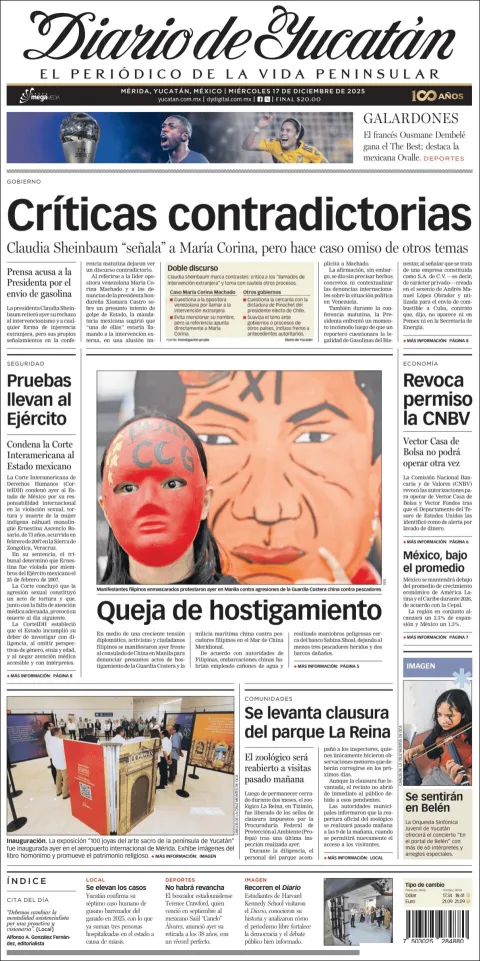 Portada de Diario de Yucatán del miércoles, 17 de diciembre de 2025