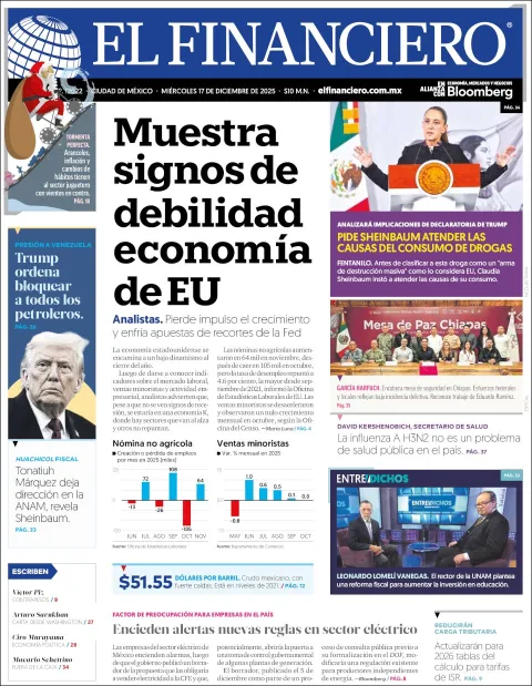 Portada de El Financiero del miércoles, 17 de diciembre de 2025
