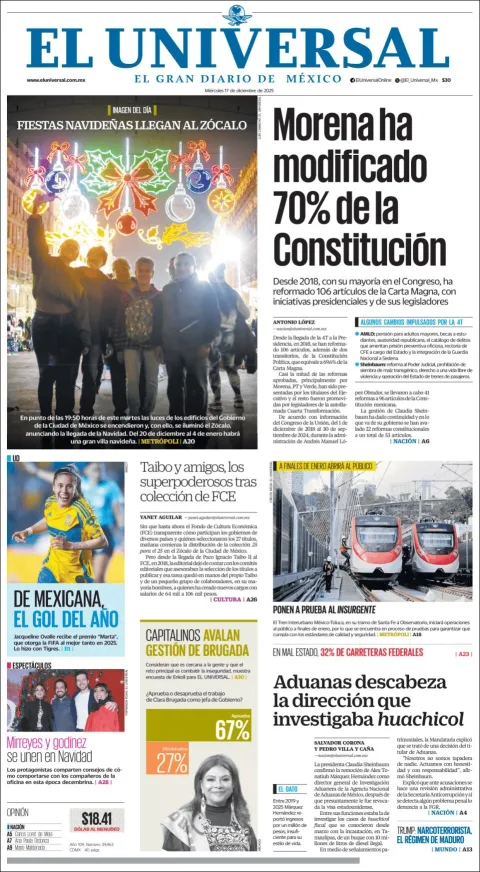 Portada de El Universal del miércoles, 17 de diciembre de 2025