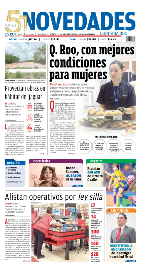Portada de Novedades Quintana Roo del miércoles, 17 de diciembre de 2025