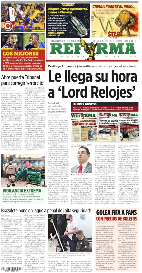 Portada de Reforma del miércoles, 17 de diciembre de 2025