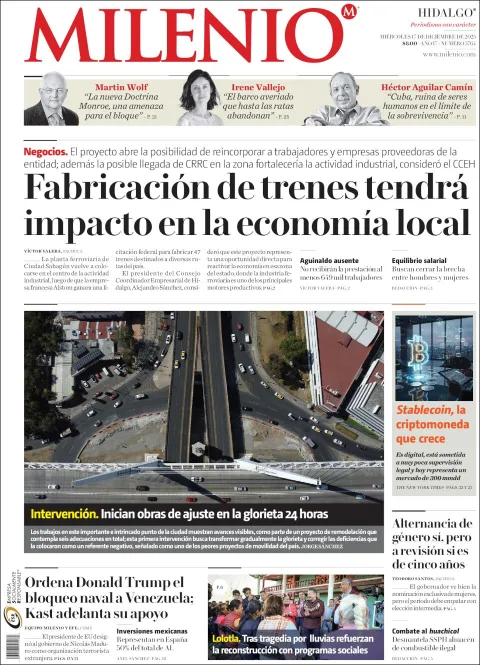 Portada de Milenio Hidalgo del miércoles, 17 de diciembre de 2025