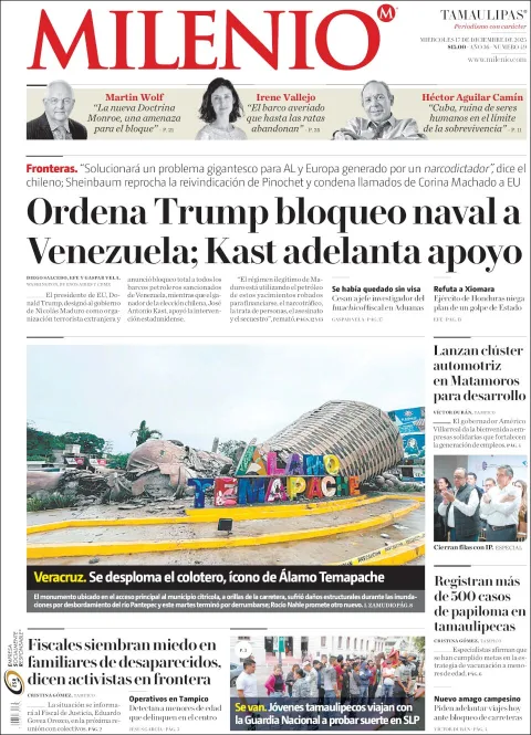Portada de Milenio Tamaulipas del miércoles, 17 de diciembre de 2025