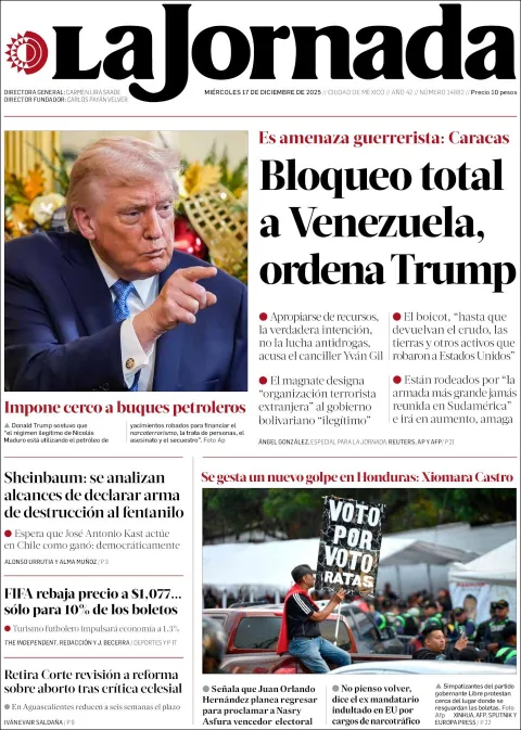 Portada de La Jornada del miércoles, 17 de diciembre de 2025