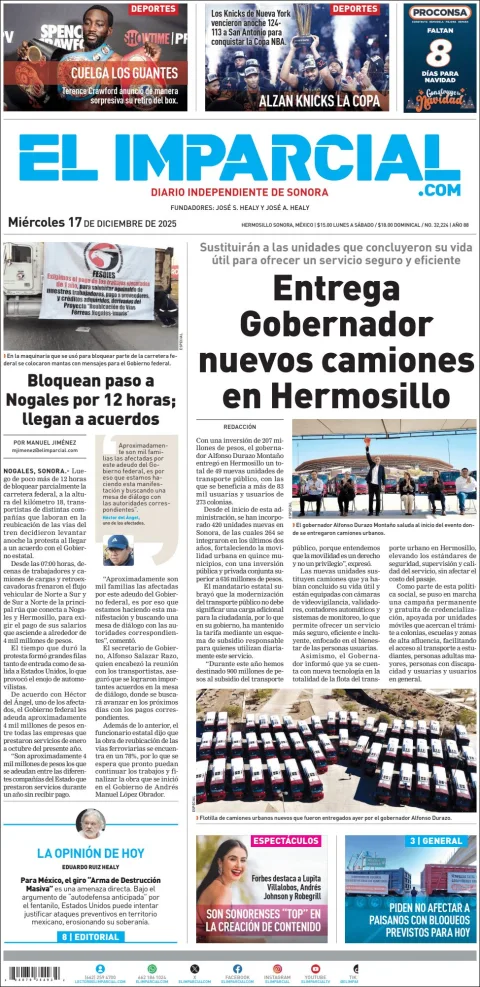 Portada de El Imparcial del miércoles, 17 de diciembre de 2025