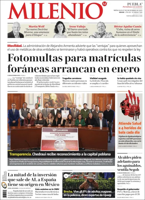 Portada de Milenio Puebla del miércoles, 17 de diciembre de 2025