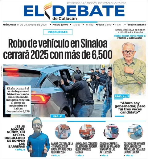 Portada de El Debate de Culiacan del miércoles, 17 de diciembre de 2025