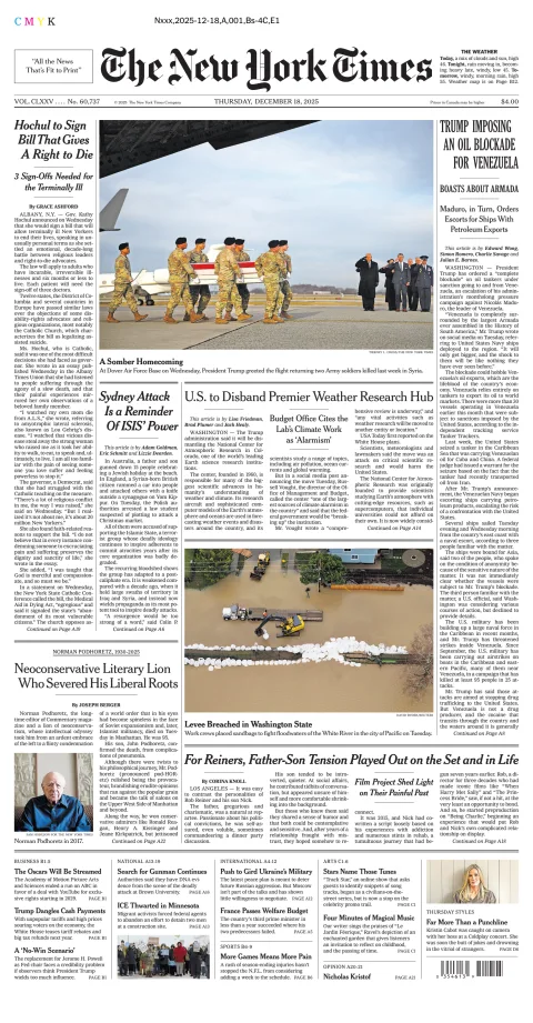 Portada de The New York Times (new York) del jueves, 18 de diciembre de 2025