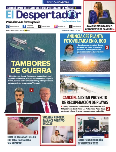 Portada de El Despertador de Quintana Roo del jueves, 18 de diciembre de 2025