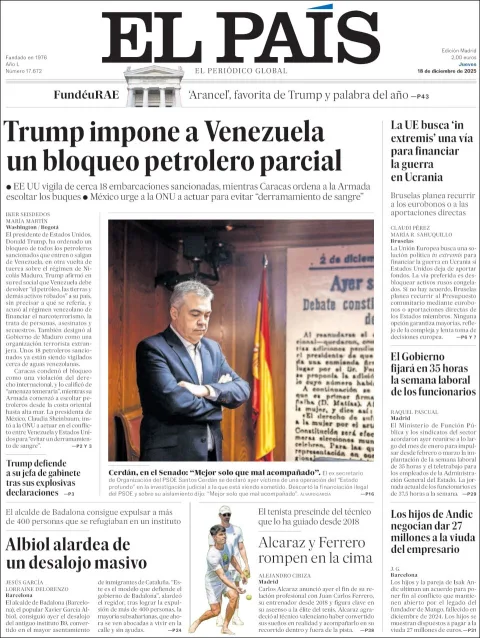 Portada de El Pais del jueves, 18 de diciembre de 2025