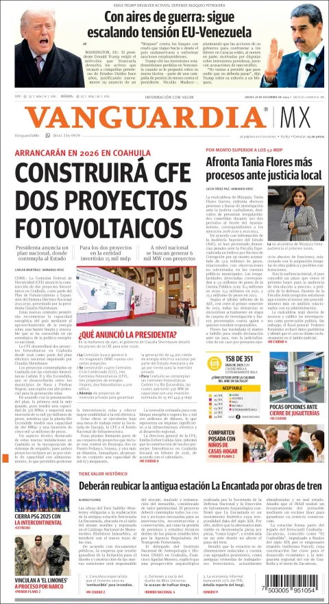 Portada de Vanguardia del jueves, 18 de diciembre de 2025